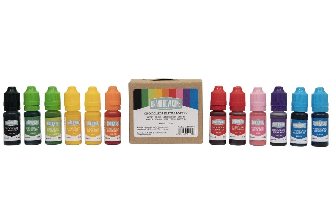 BrandNewCake Chocolade Kleurstof assortiment (12x11ml)* Chocolade Kleurstoffen|Chocolade Kleurstoffen