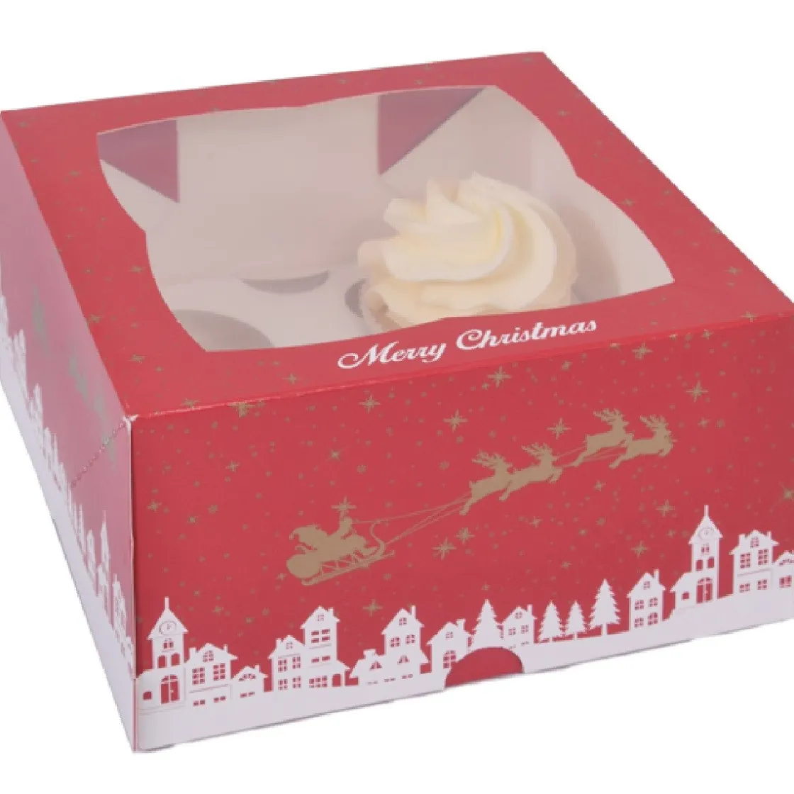 House of Marie Cupcake Doosje 4 Kerst (incl. tray met venster) 25st.* Cupcake Doosjes