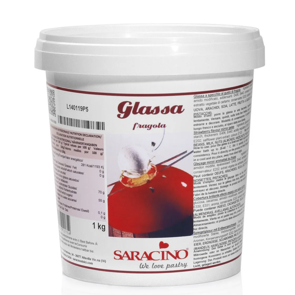 Saracino Mirror Glaze Aardbei 1kg* Afdekgelei