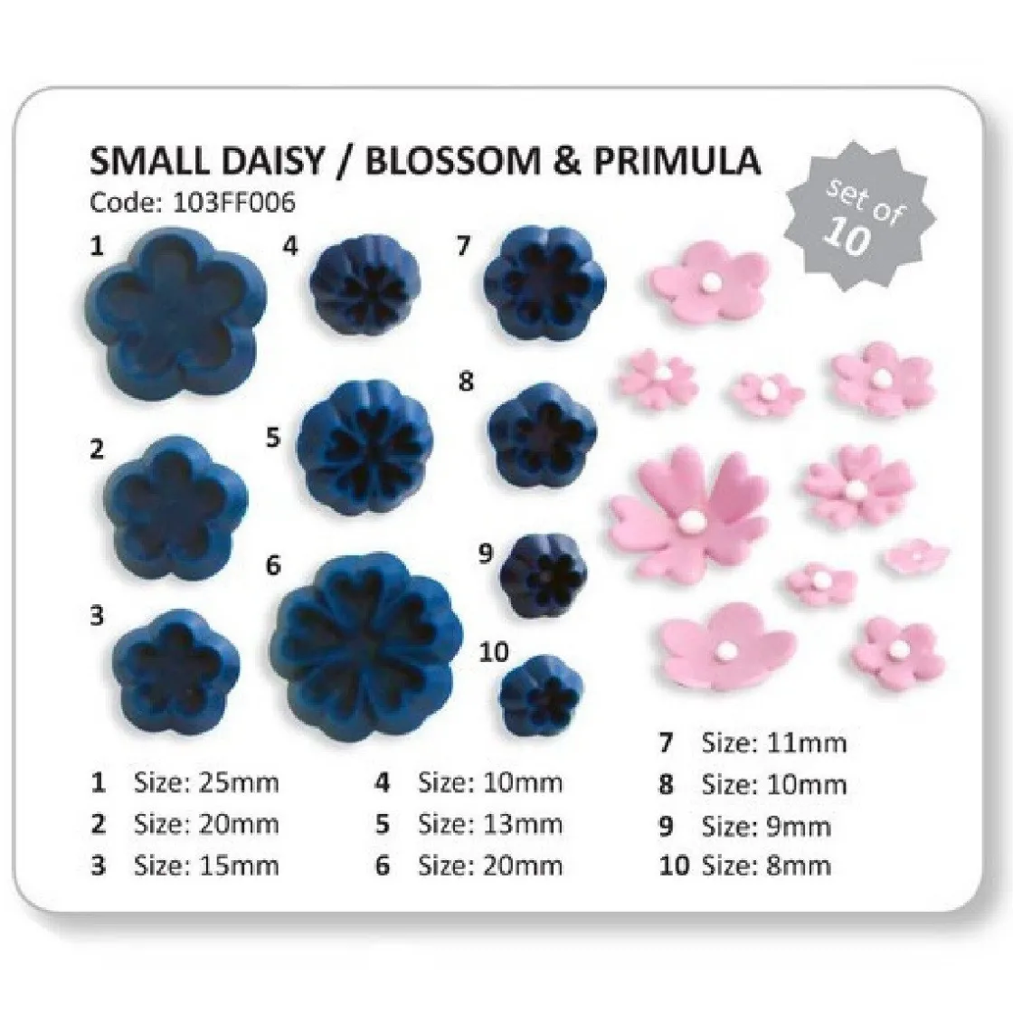 PME Small daisy/ blossom & primula JEM, set van 10* Bloem En Blad Stekers